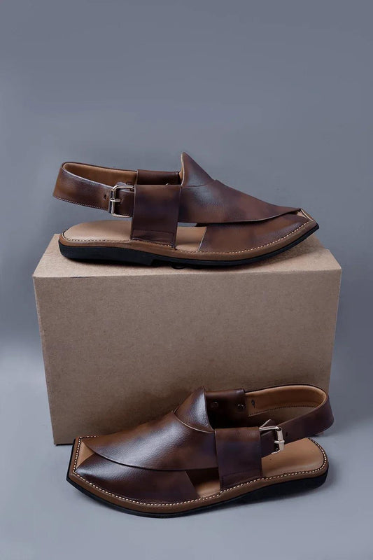 Two Tone Brown Leather Kaptaan Chappal with Textured Finish and Square Toe